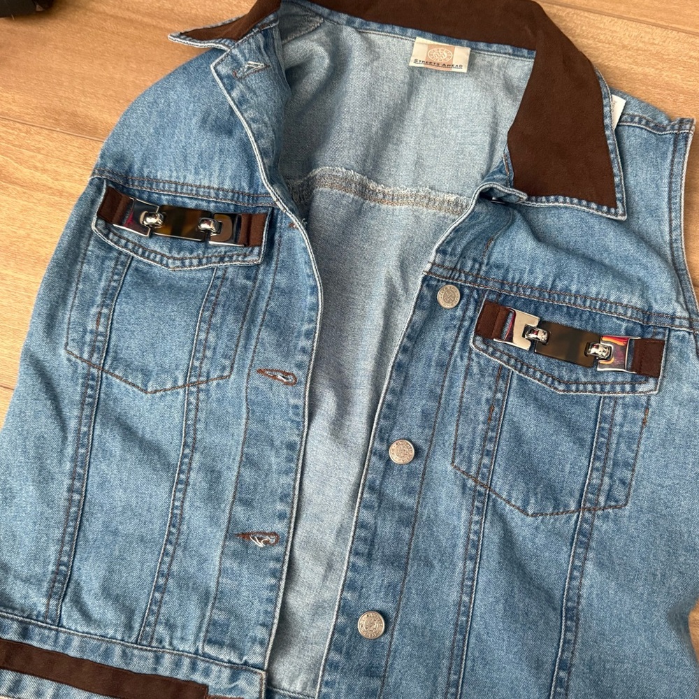 Vintage Streets Ahead Brown Leather and Denim Vest with Cute Pocket Buckles